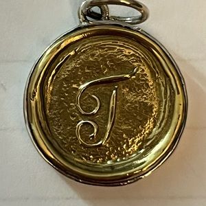 New.  Waxing Poetic sterling silver and brass ‘T’ initial charm.